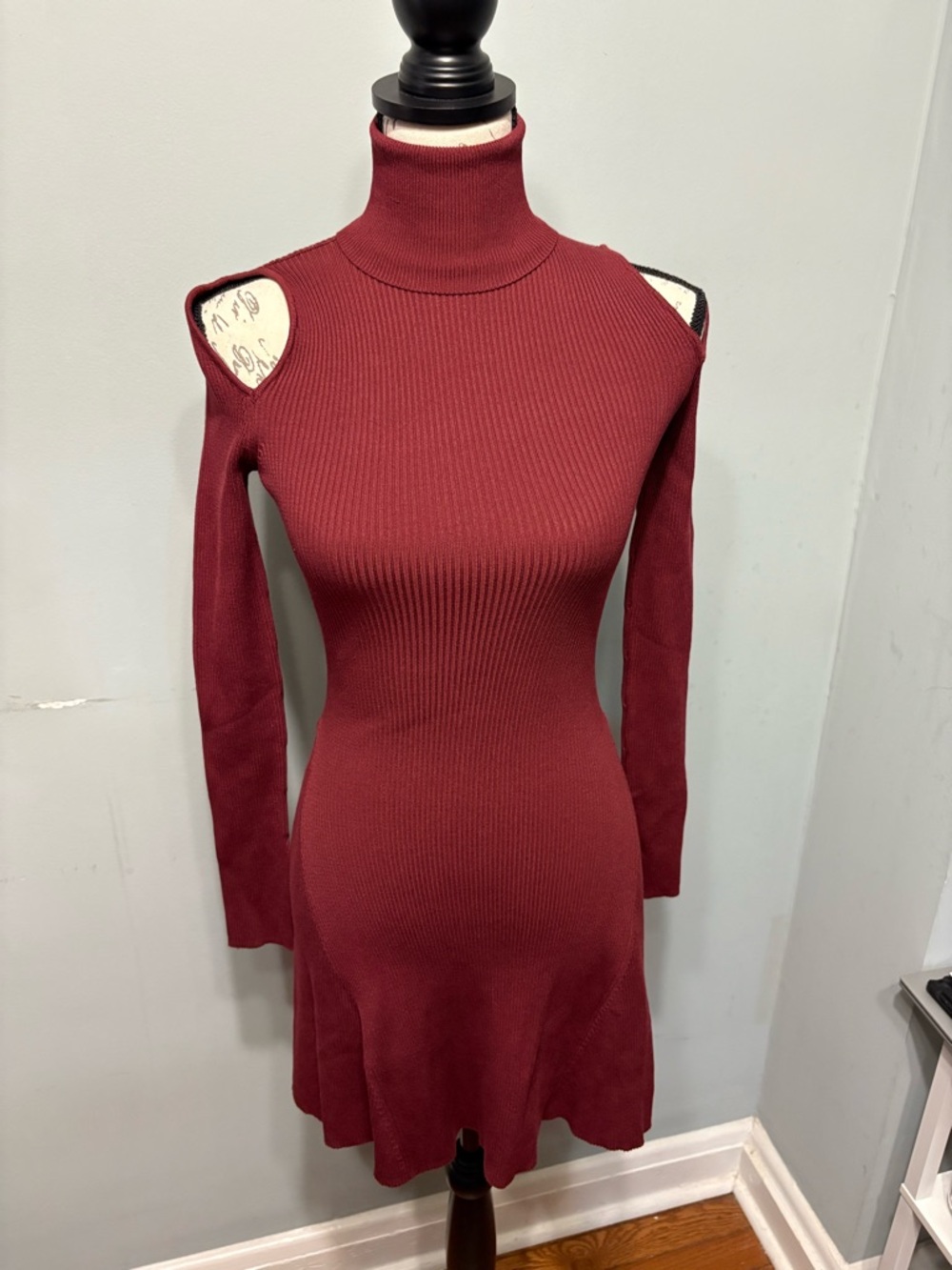 Zara Burgundy Ribbed Cold-Shoulder Turtleneck Dress